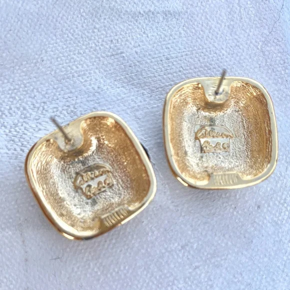 80s Vintage Alison Reed Black Enamel Gold Tone Statement Earrings - Picture 2 of 3